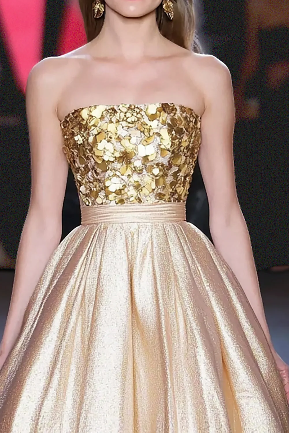 Gold Straight A Line Sequins Metallic Satin Gala Dress