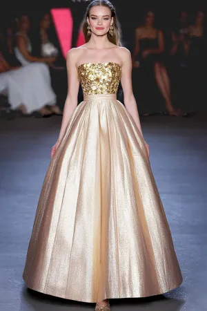 Gold Straight A Line Sequins Metallic Satin Gala Dress