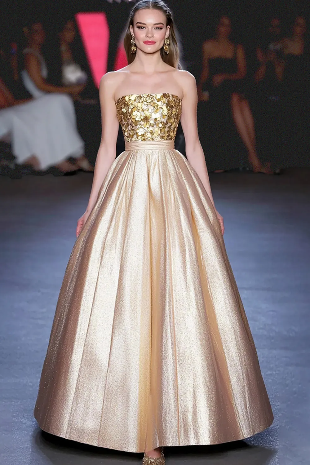 Gold Straight A Line Sequins Metallic Satin Gala Dress