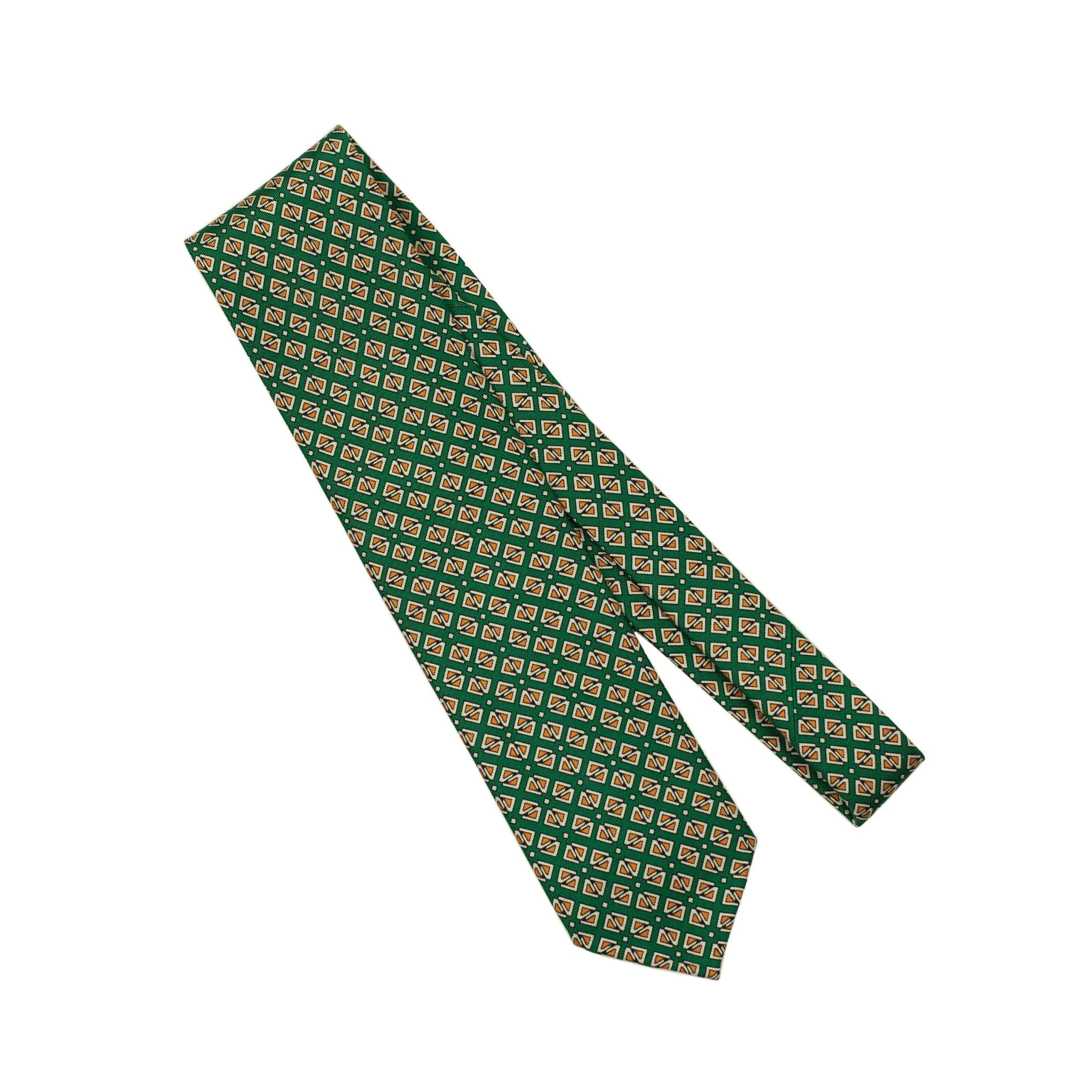 Green silk foulard tie with orange retro diamond neat print