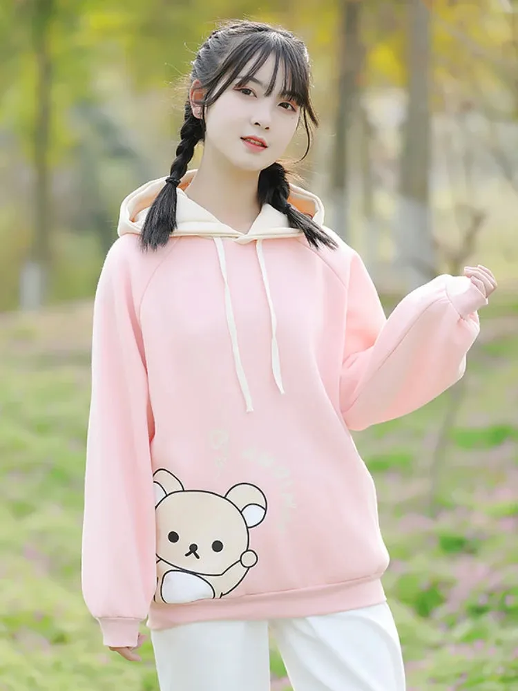 Harajuku Cartoon Bear Print Kawaii Hoodies Women Winter Long Sleeve Drawstring Fleece Hooded Sweatshirt Female Pullover Top