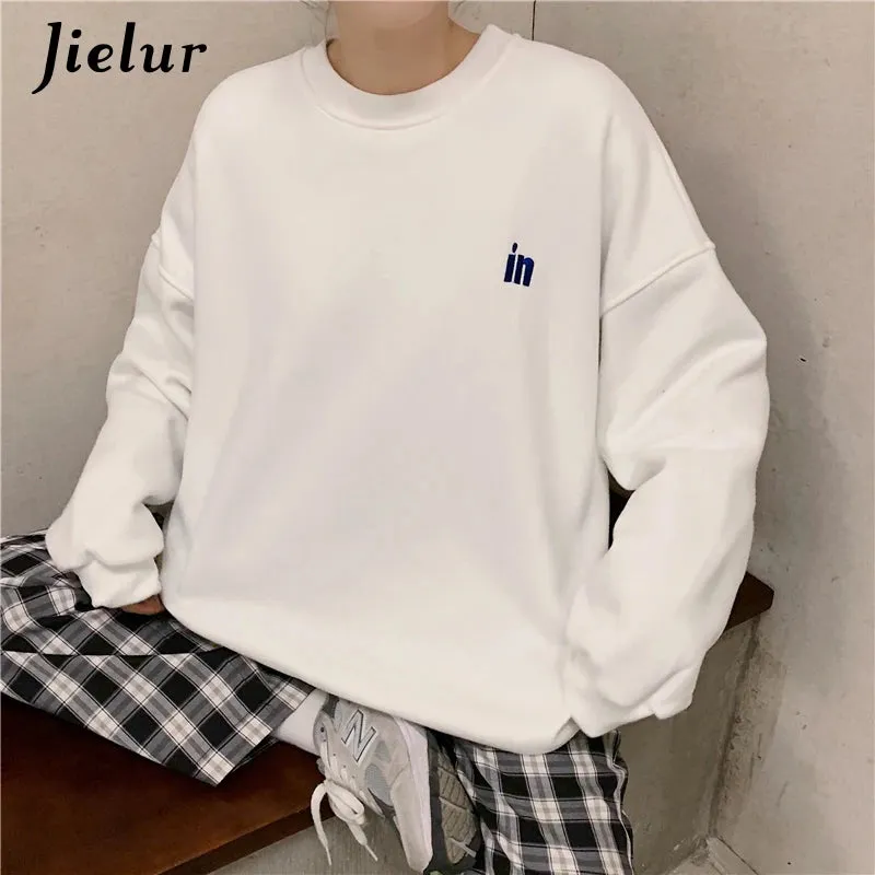 Harajuku Warm Fleece Sweatshirt Women Hoodies Street Loose Female Pullover Letter Embroidery Black Top M-XL Size