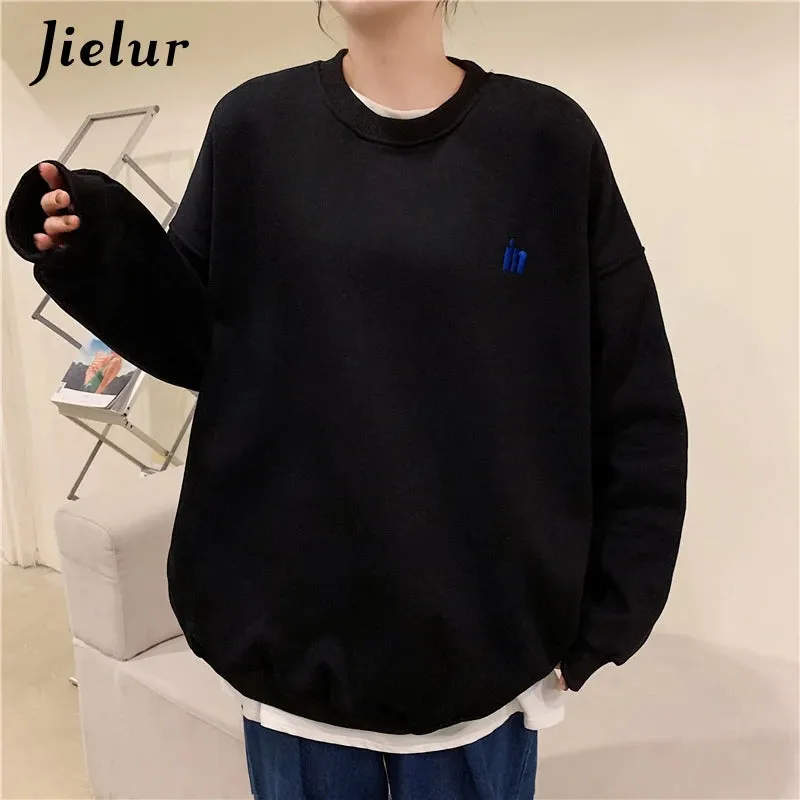 Harajuku Warm Fleece Sweatshirt Women Hoodies Street Loose Female Pullover Letter Embroidery Black Top M-XL Size