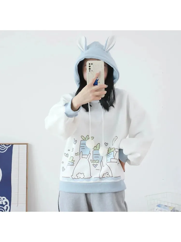 Kawaii Women Hoodies Winter Long Sleeve Drawstring Fleece Hooded Sweatshirt Female Harajuku Rabbit Print Pullover Top