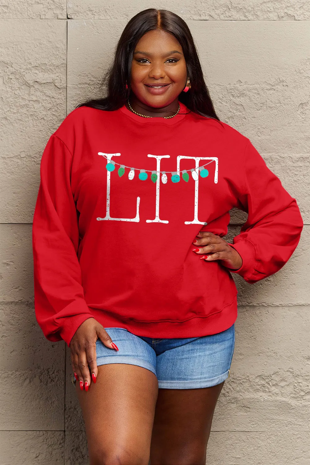 kesley Christmas Sweater Cute Winter Holiday Simply Love Petite and Full Size LIT Long Sleeve Sweatshirt