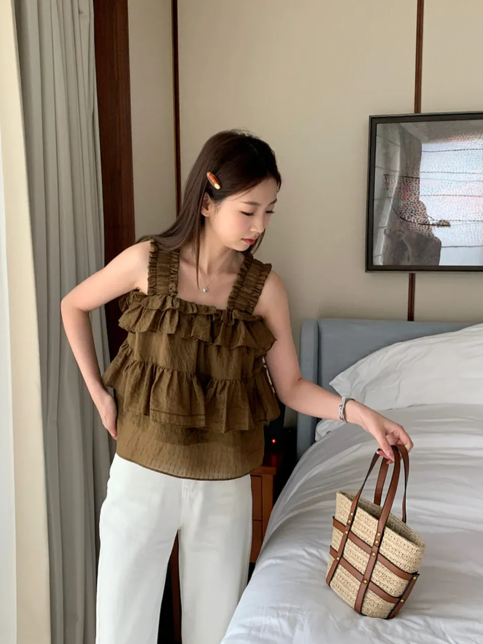 [Korean Style] Chic Square Sleeveless Ruffle Top