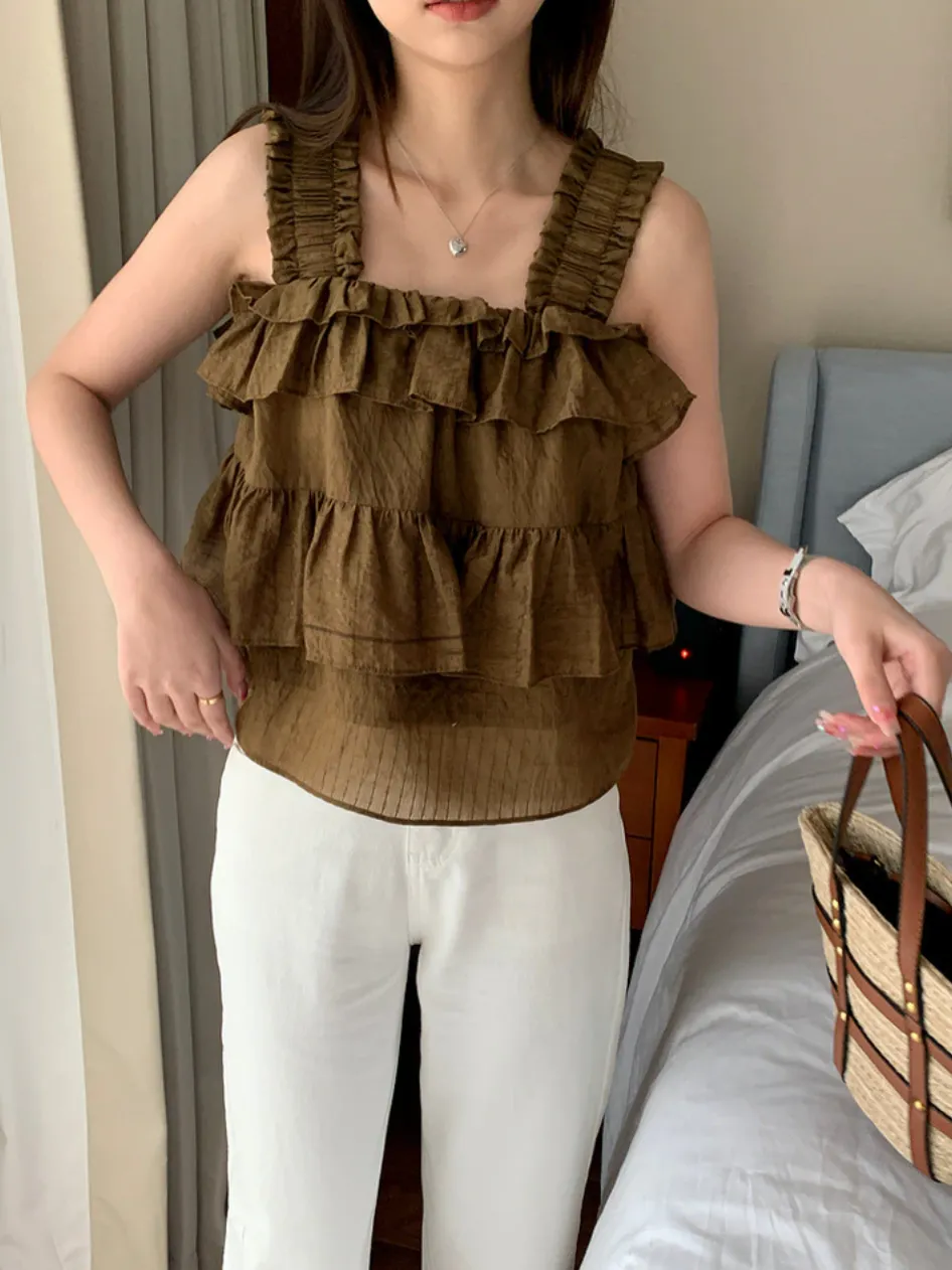 [Korean Style] Chic Square Sleeveless Ruffle Top