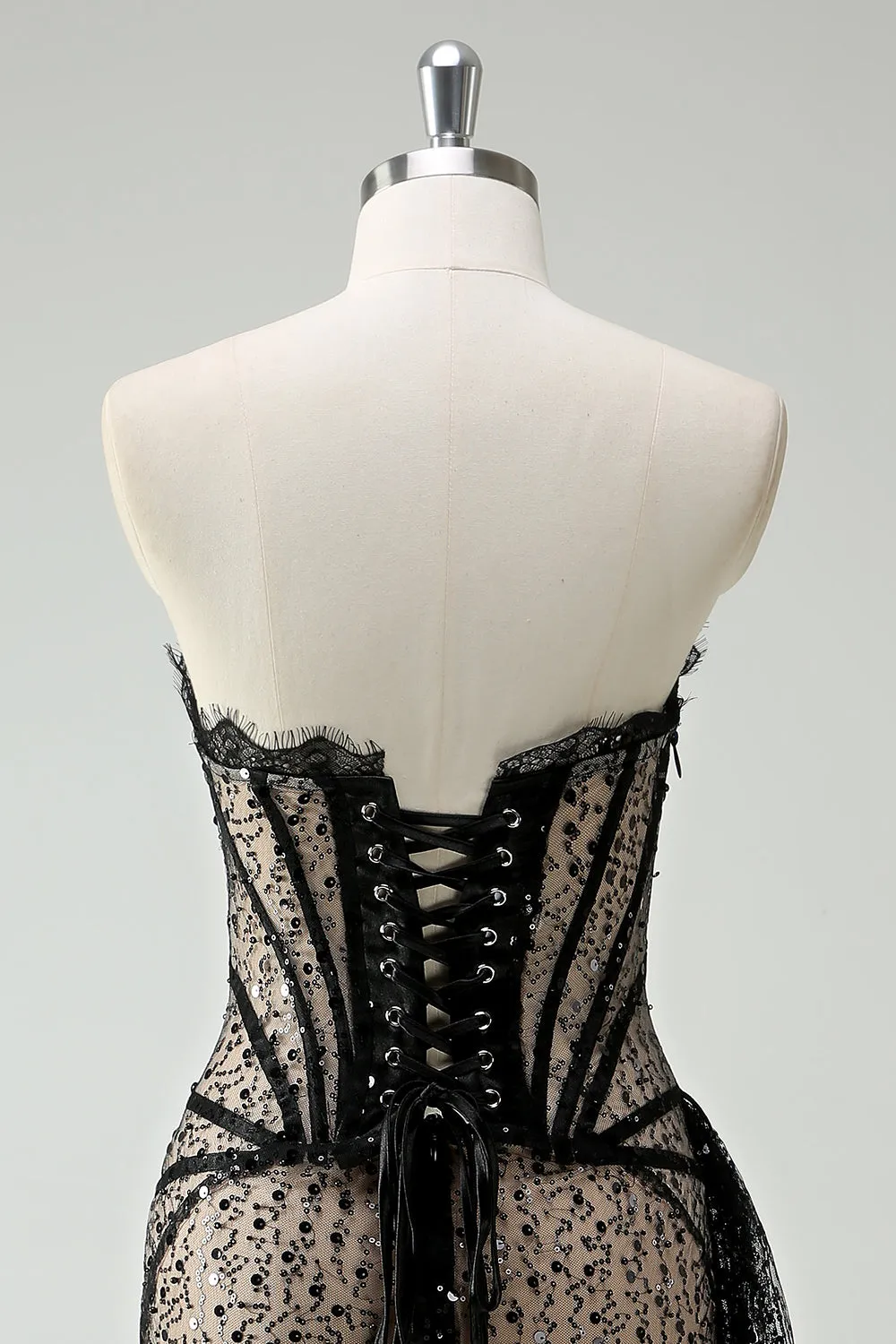 Lace Illusion Corset Strapless Black Homecoming Dress