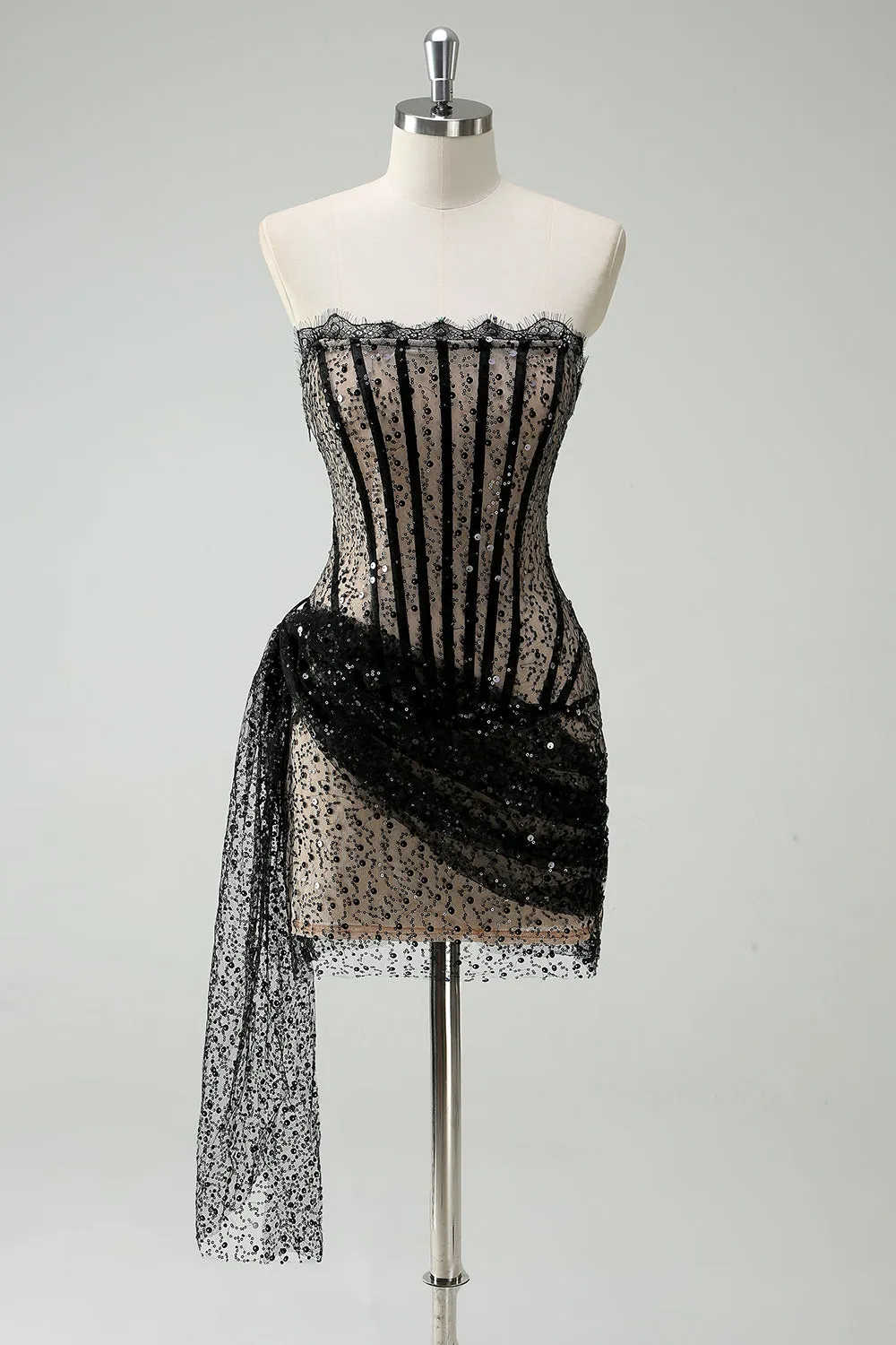 Lace Illusion Corset Strapless Black Homecoming Dress