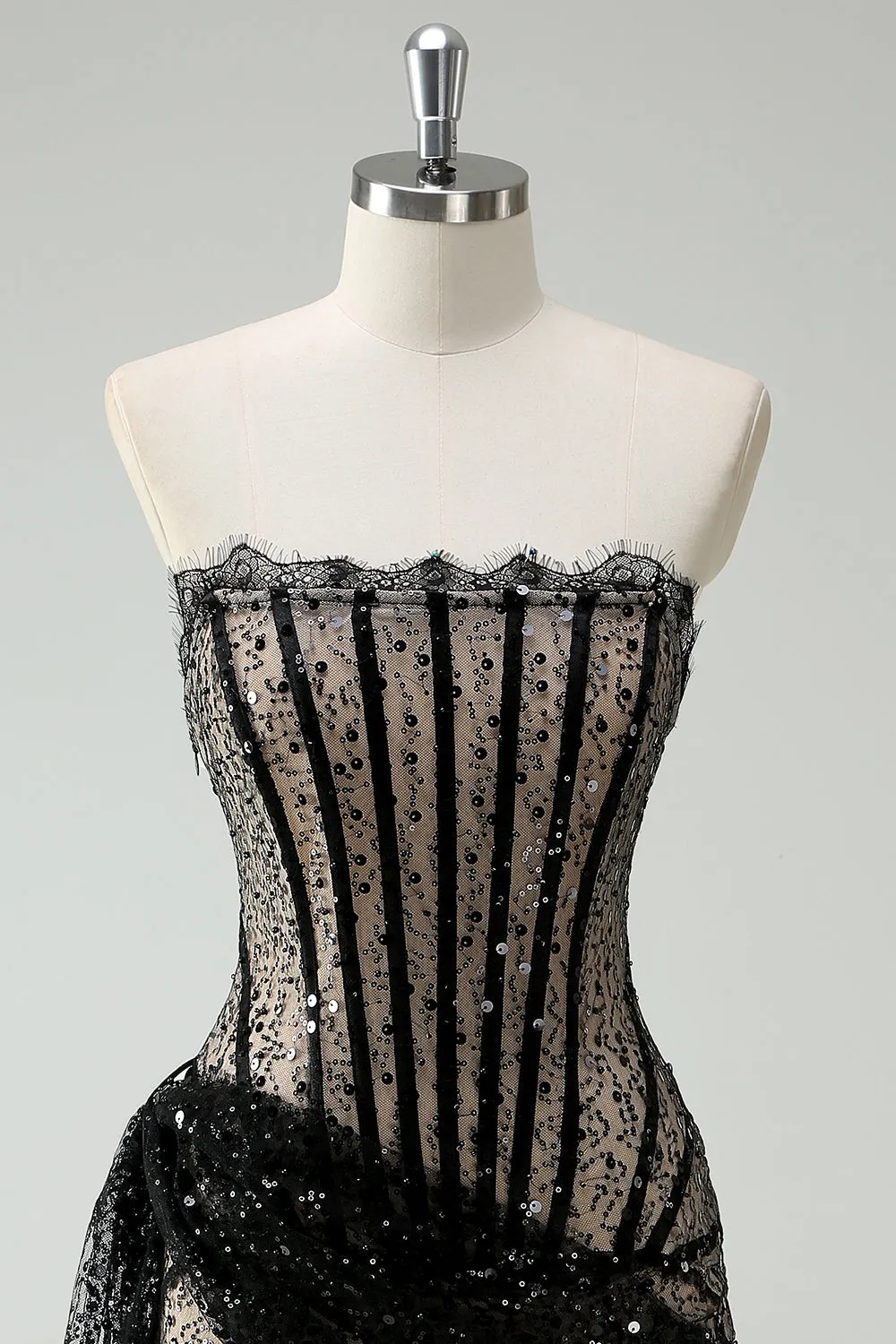 Lace Illusion Corset Strapless Black Homecoming Dress