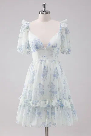 Light Blue Floral Mini Dress with Short Sleeves