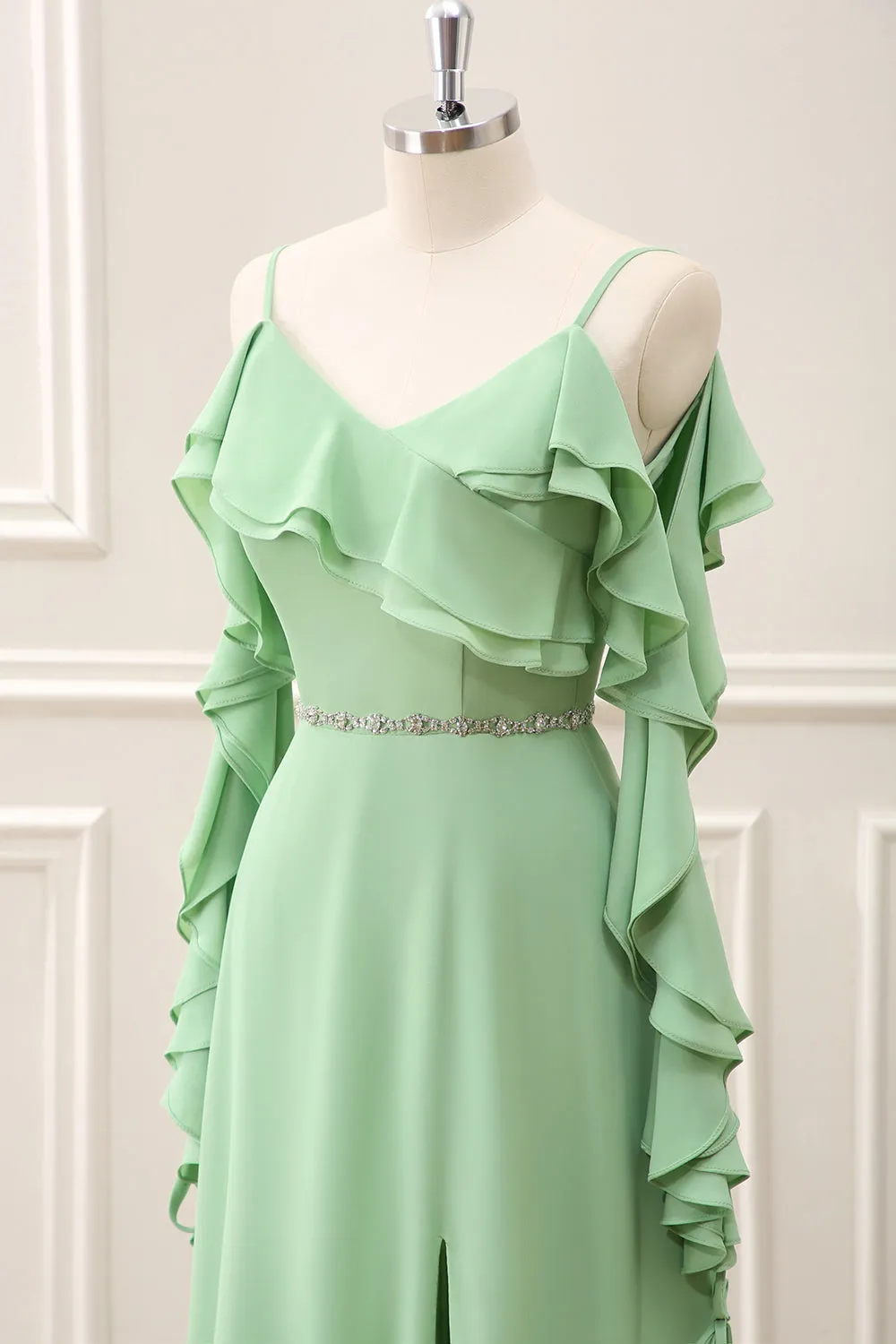 Light Green Cold Shoulder Chiffon Ruffled Maxi Dress with Slit