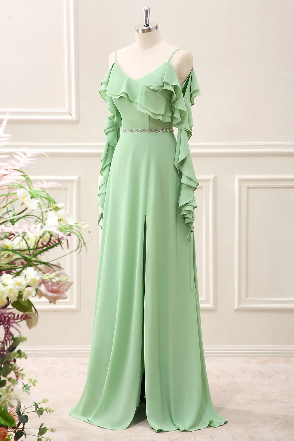 Light Green Cold Shoulder Chiffon Ruffled Maxi Dress with Slit