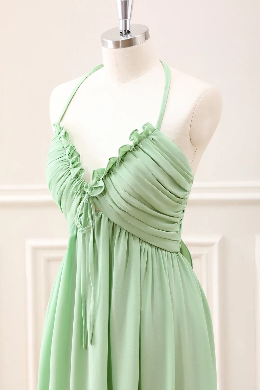 Light Green Ruffled A Line Backless Maxi Dress with Lace-up Back