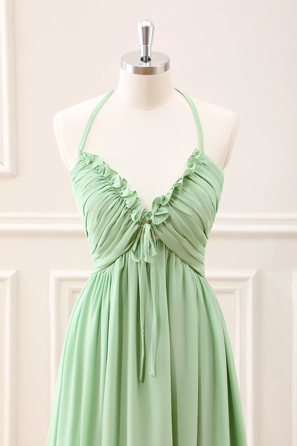 Light Green Ruffled A Line Backless Maxi Dress with Lace-up Back