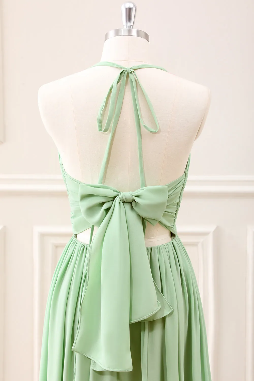 Light Green Ruffled A Line Backless Maxi Dress with Lace-up Back