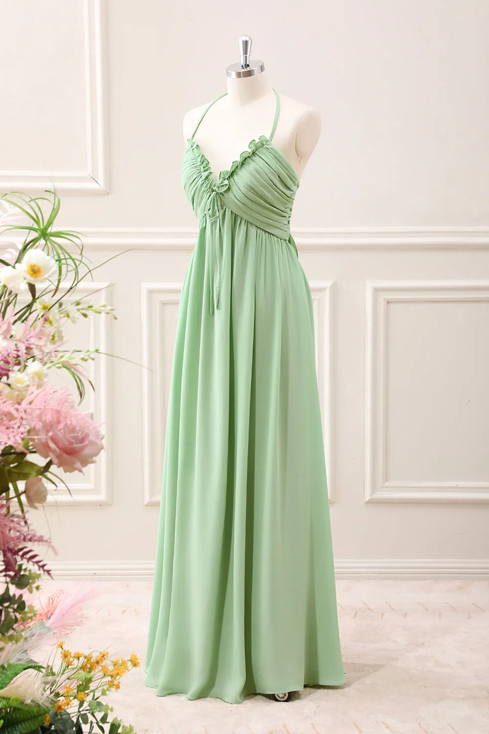 Light Green Ruffled A Line Backless Maxi Dress with Lace-up Back