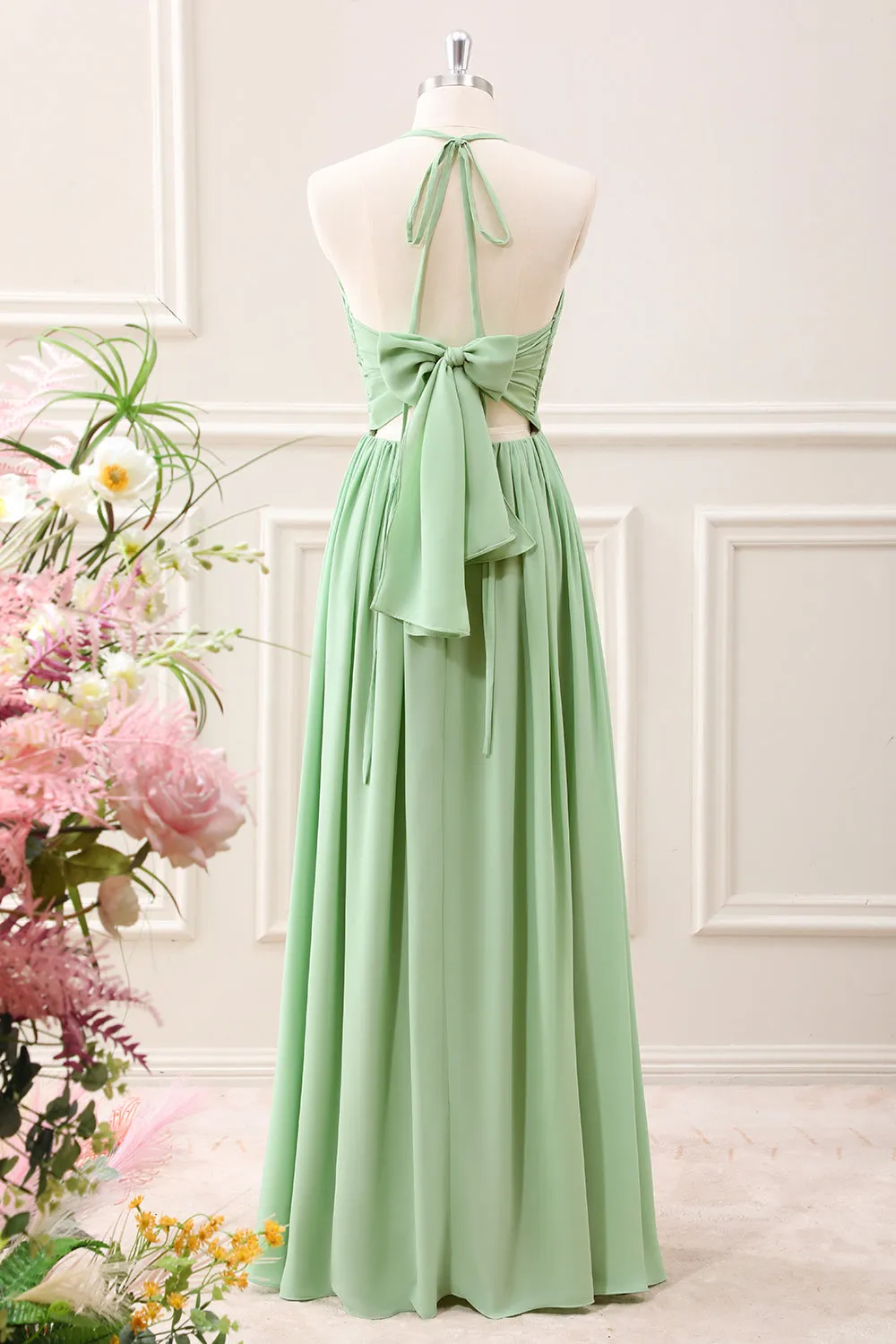 Light Green Ruffled A Line Backless Maxi Dress with Lace-up Back