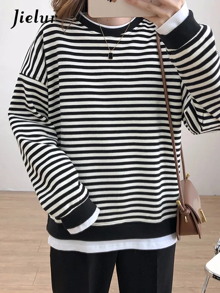 Loose Fake Two Piece Set Hoodies Ins Casual Chic Streetwear Pullovers Fashion Korean Striped Spell Color Women's Hoodies