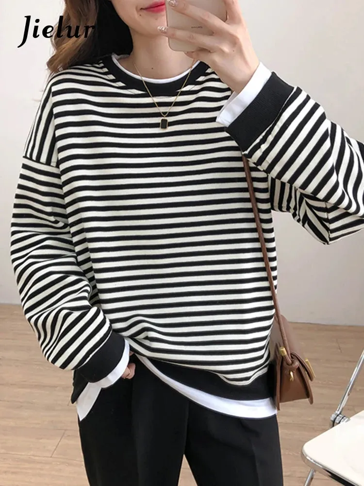 Loose Fake Two Piece Set Hoodies Ins Casual Chic Streetwear Pullovers Fashion Korean Striped Spell Color Women's Hoodies