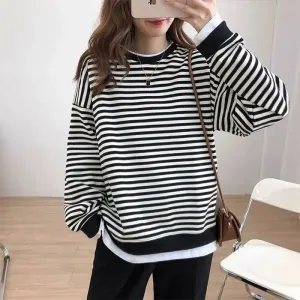 Loose Fake Two Piece Set Hoodies Ins Casual Chic Streetwear Pullovers Fashion Korean Striped Spell Color Women's Hoodies