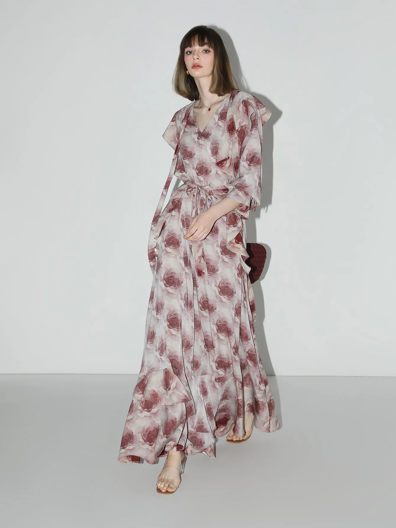 Old Rose Floral Ruffled Maxi Dress