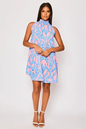 Opal - Blue & Pink Printed High Neck Mini Dress