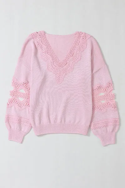 Openwork V-Neck Raglan Sleeve Sweater