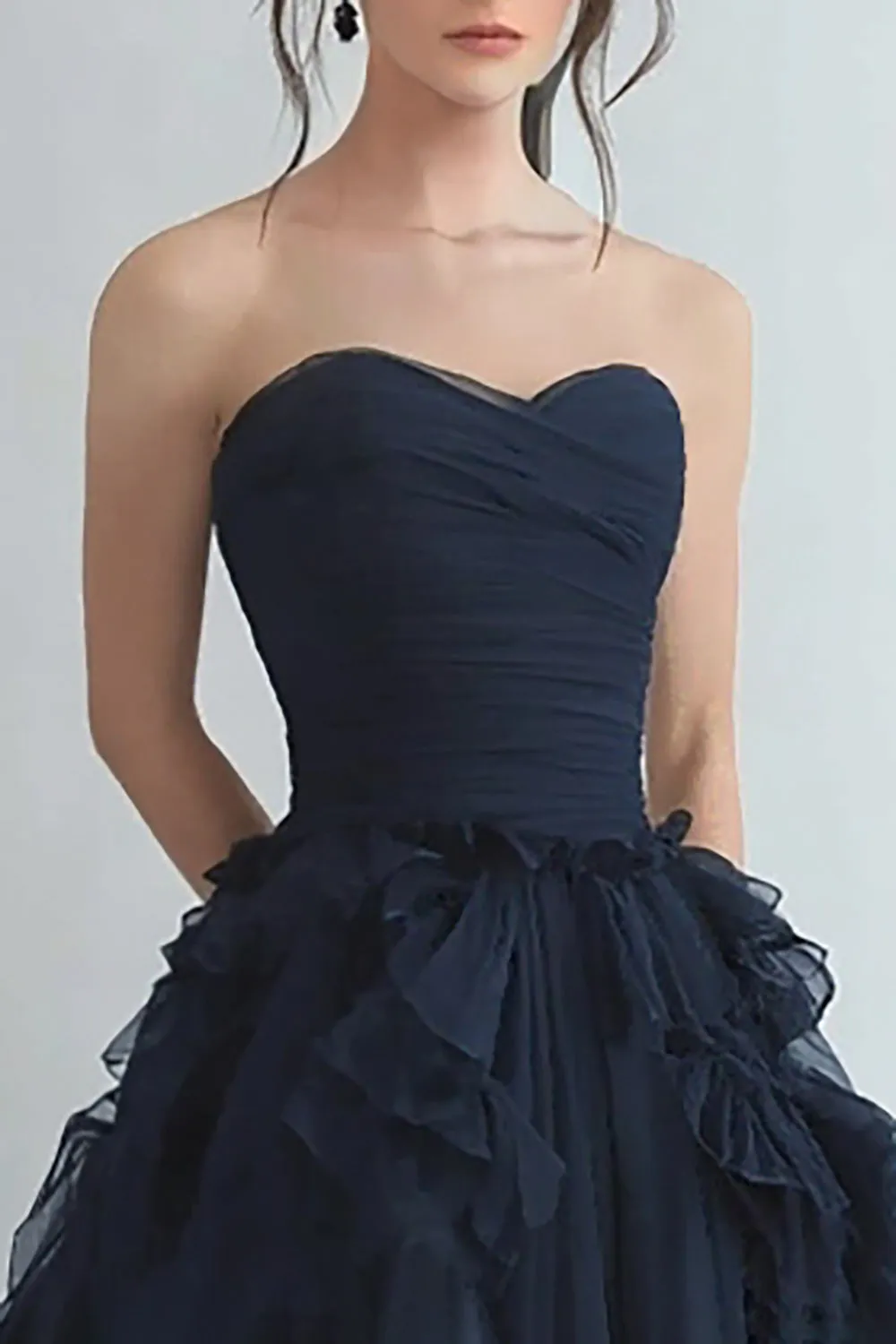 Organza Navy Tiered Strapless A Line Formal Dress