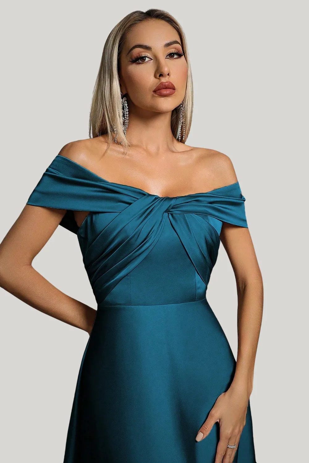 Peacock Blue Satin A Line Off the Shoulder Maxi Dress