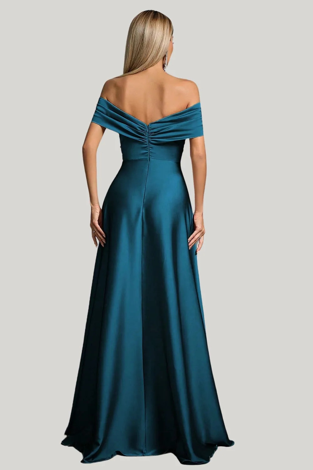 Peacock Blue Satin A Line Off the Shoulder Maxi Dress