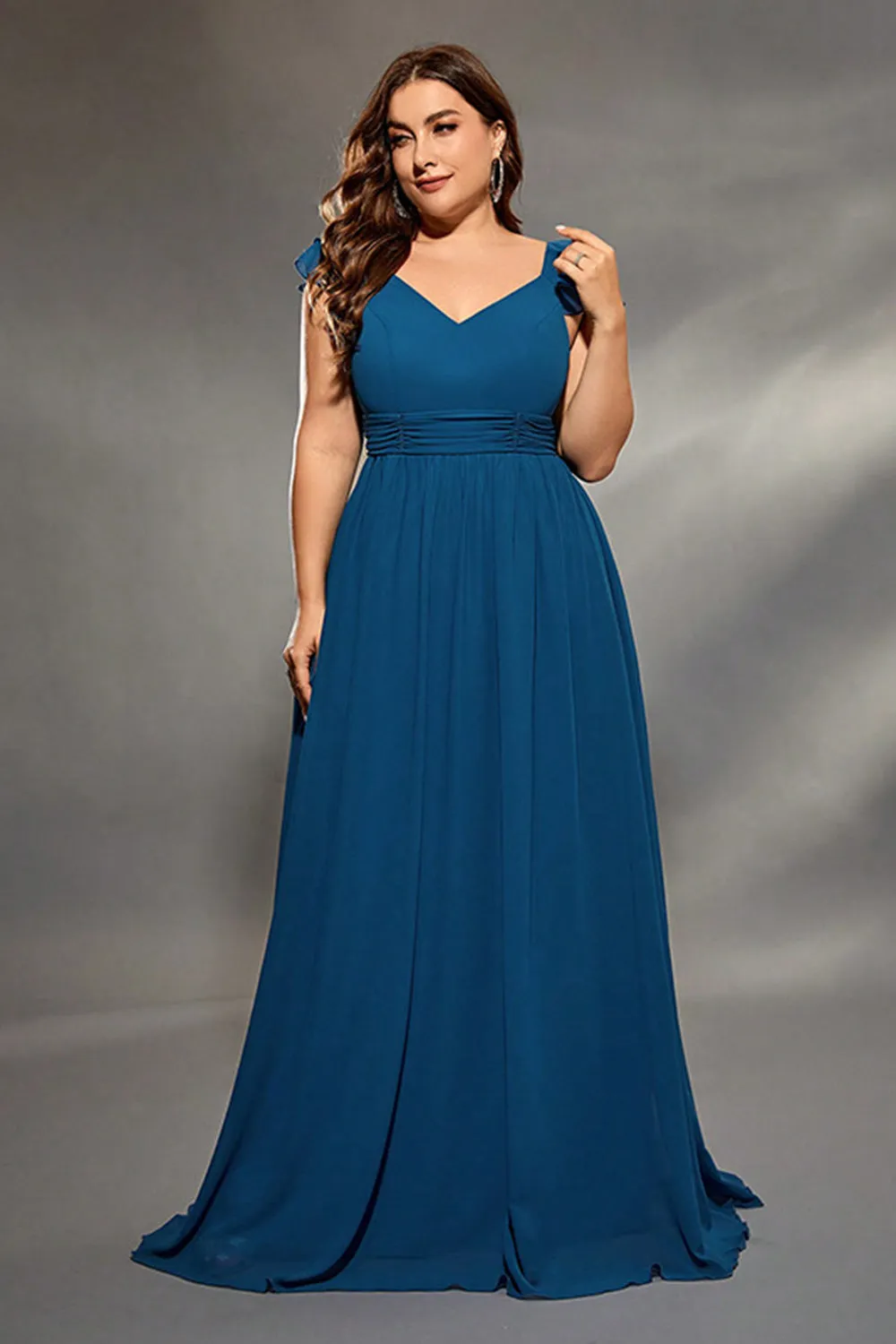 Plus Size Ink Blue A Line V Neck Ruffled Pleated Maxi Dress