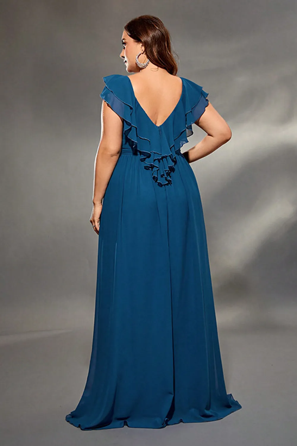 Plus Size Ink Blue A Line V Neck Ruffled Pleated Maxi Dress