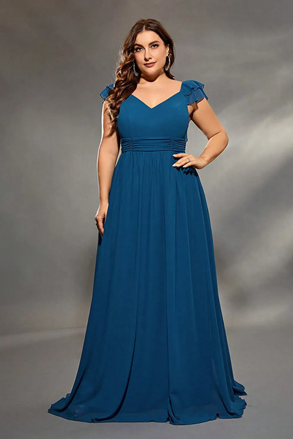 Plus Size Ink Blue A Line V Neck Ruffled Pleated Maxi Dress