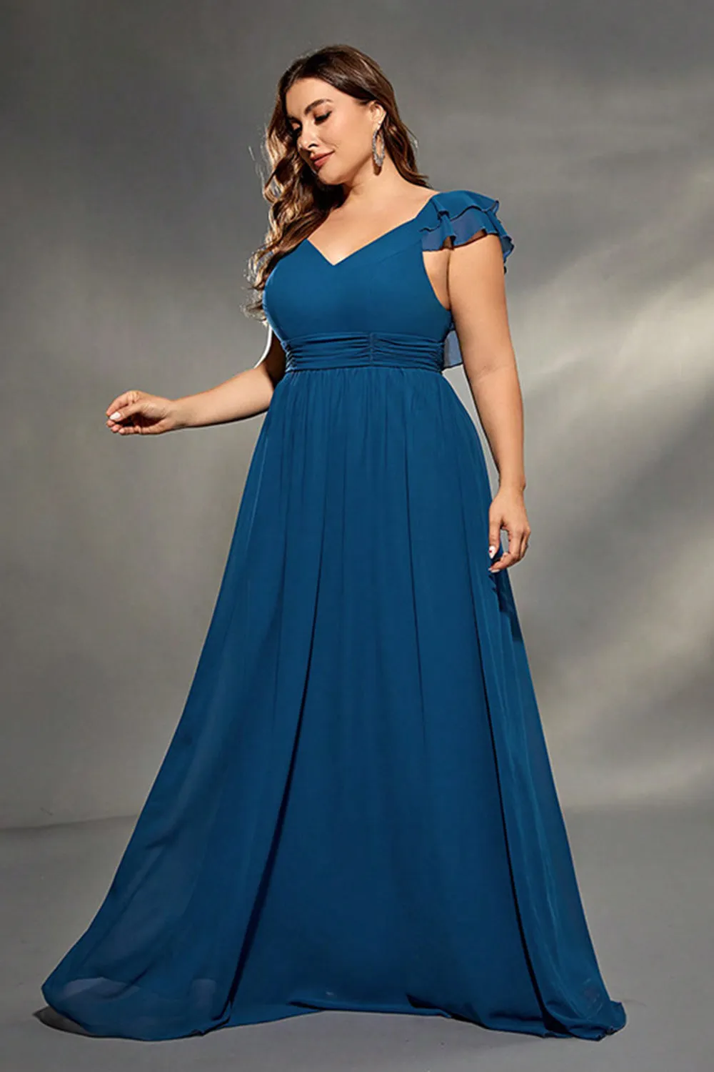 Plus Size Ink Blue A Line V Neck Ruffled Pleated Maxi Dress