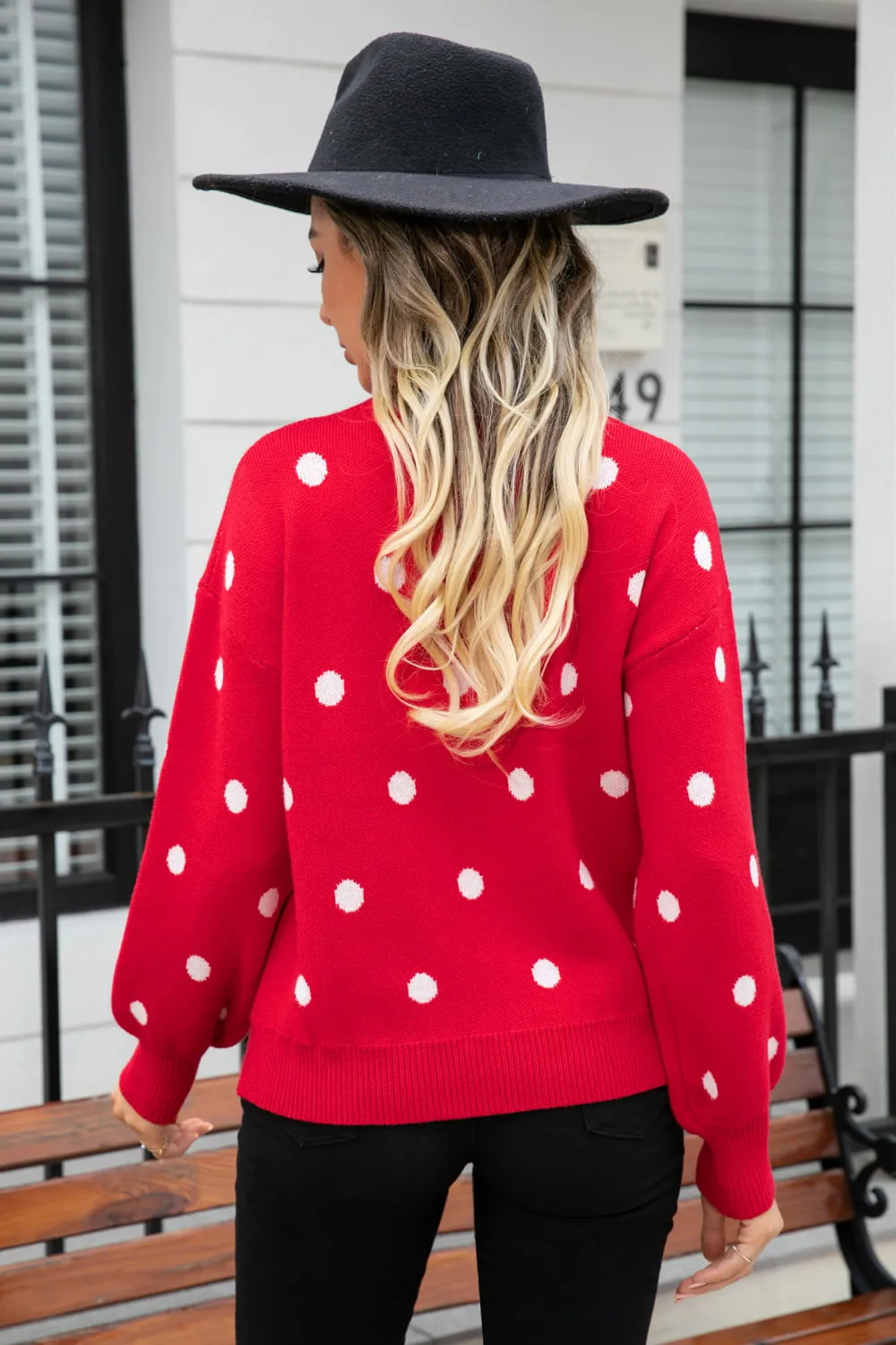 Polka Dot Round Neck Dropped Shoulder Sweater