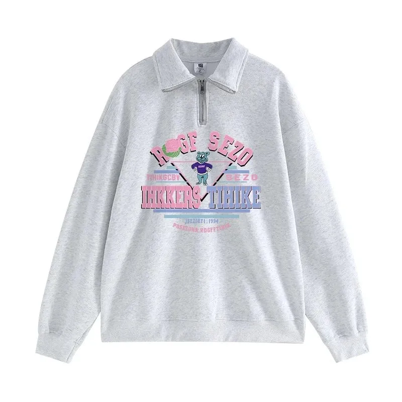 Pure Color Sweet Letter Printing Female Hoodies Basic Zipper Polo Neck Pullover Fashion Simple Loose Casual Women Hoodies