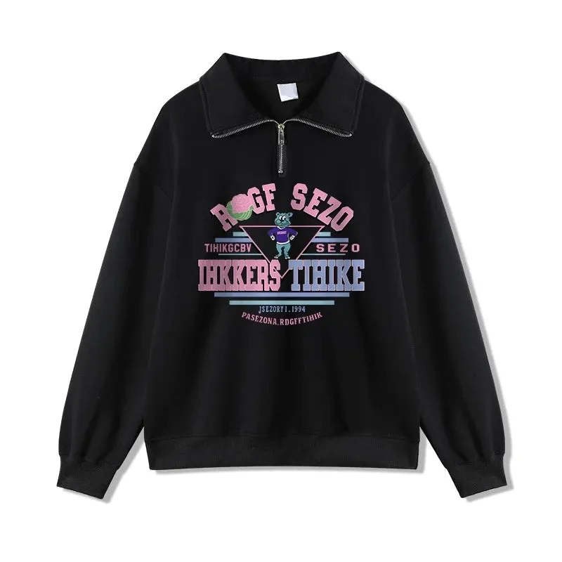 Pure Color Sweet Letter Printing Female Hoodies Basic Zipper Polo Neck Pullover Fashion Simple Loose Casual Women Hoodies