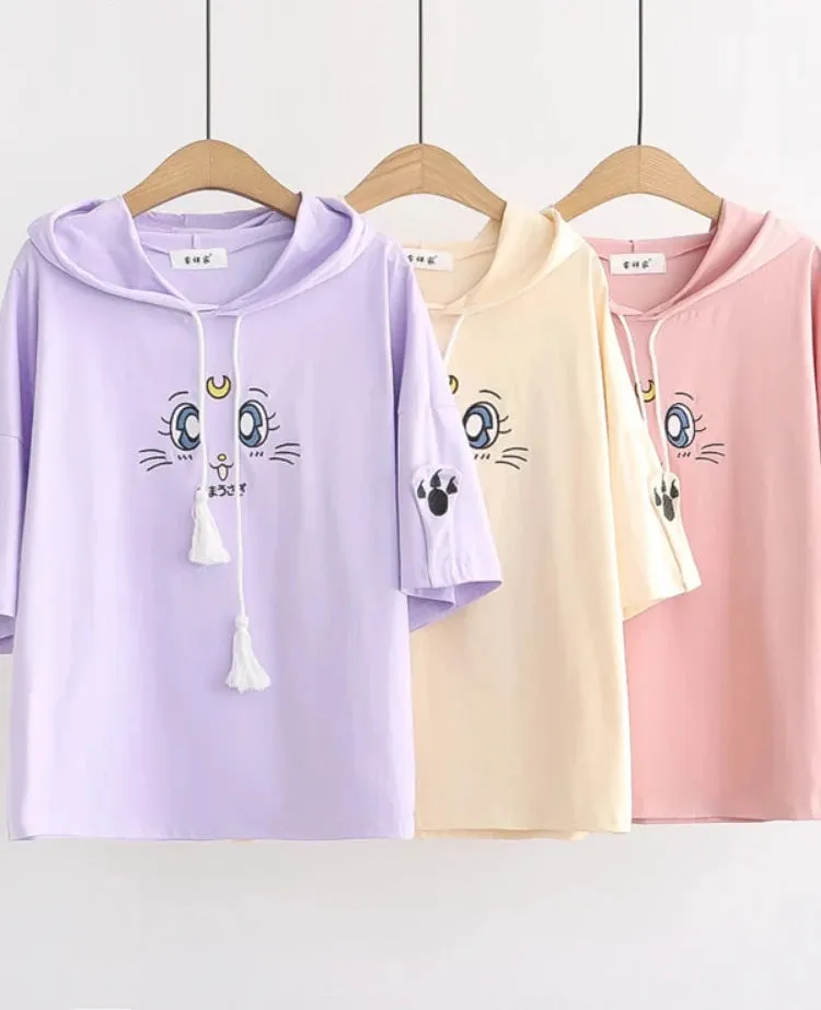 Purple Cartoon Embroidery Kawaii Hoodies Cotton Hooded Sweatshirt Women Summer Sweet Style Korean Female Short Sleeve Tops