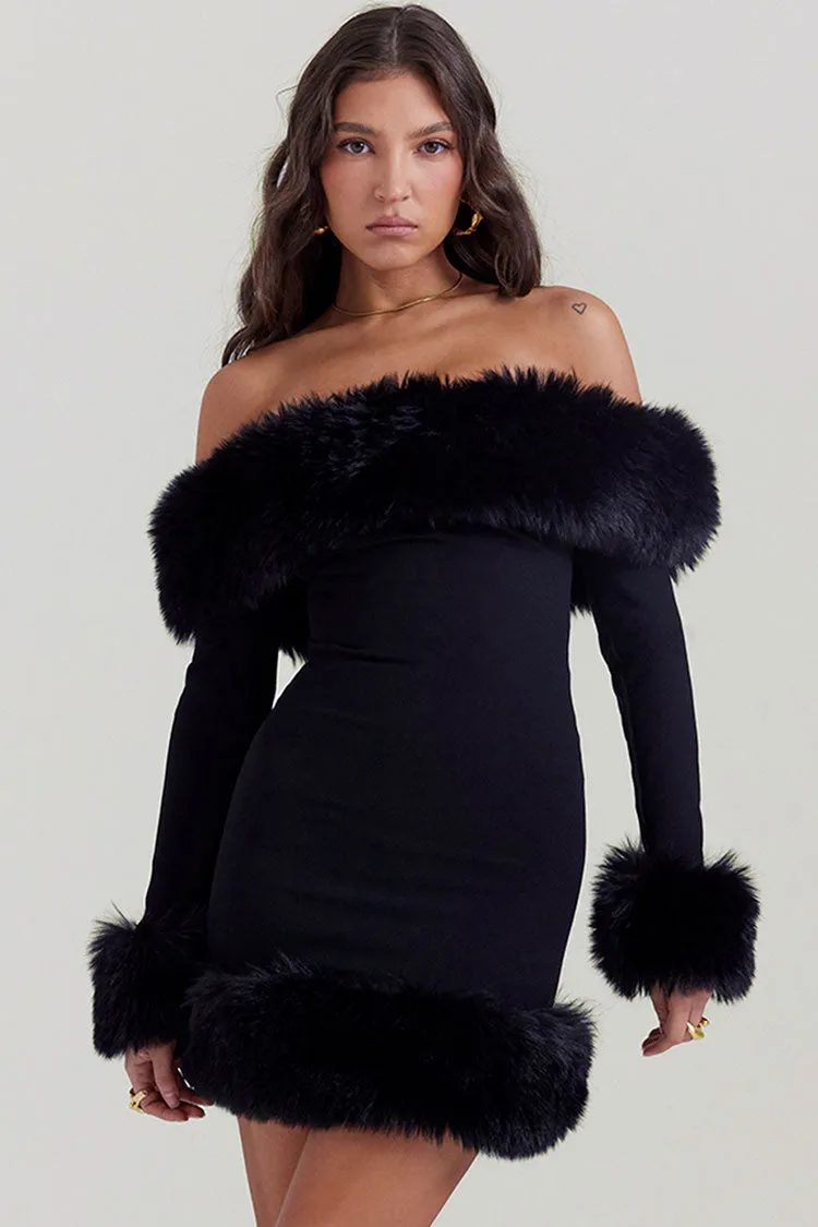 Sexy Faux Fur Off The Shoulder Long Sleeve Winter Bodycon Party Mini Dress - Black