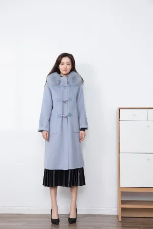 Shadow Blue Wool Overcoats with Fur Collar