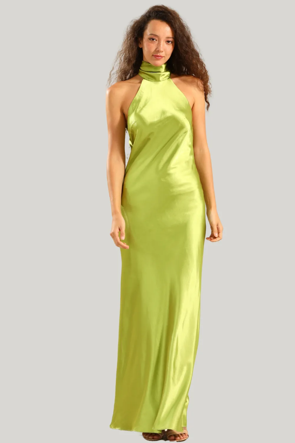 Sheath Halter Open Back Lemon Green Plus Size Maxi Dress