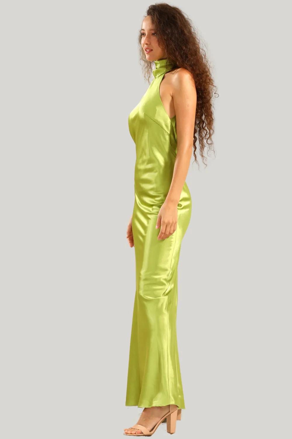 Sheath Halter Open Back Lemon Green Plus Size Maxi Dress