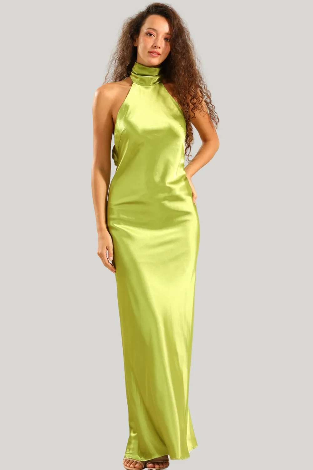 Sheath Halter Open Back Lemon Green Plus Size Maxi Dress