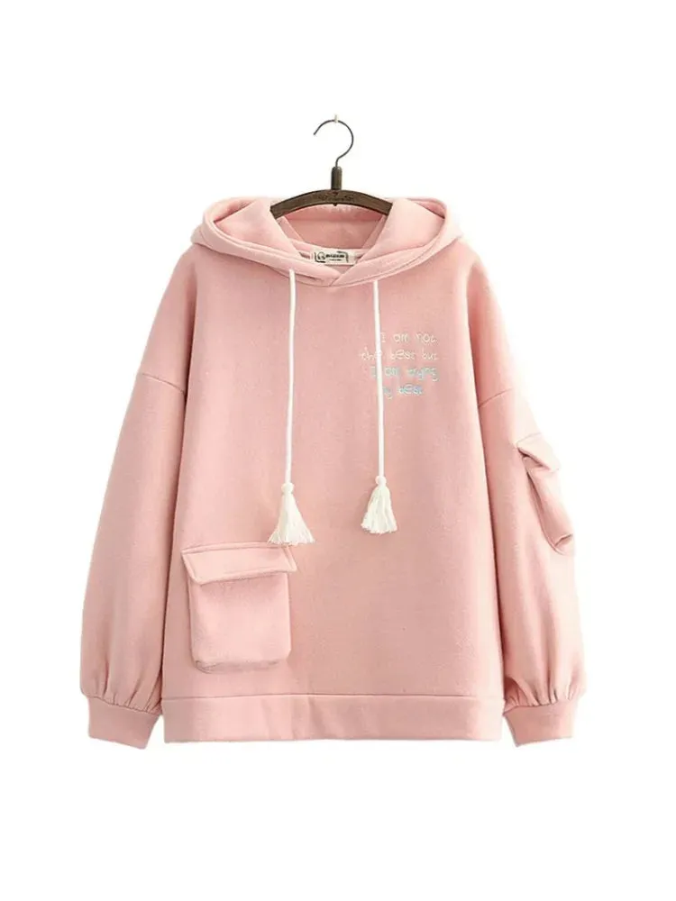 Solid Pink Letter Embroidery Fleece Thic Hoodies And Sweatshirts Winter Long Sleeve Pocket Hooded Pullover Sweet Tracksuits