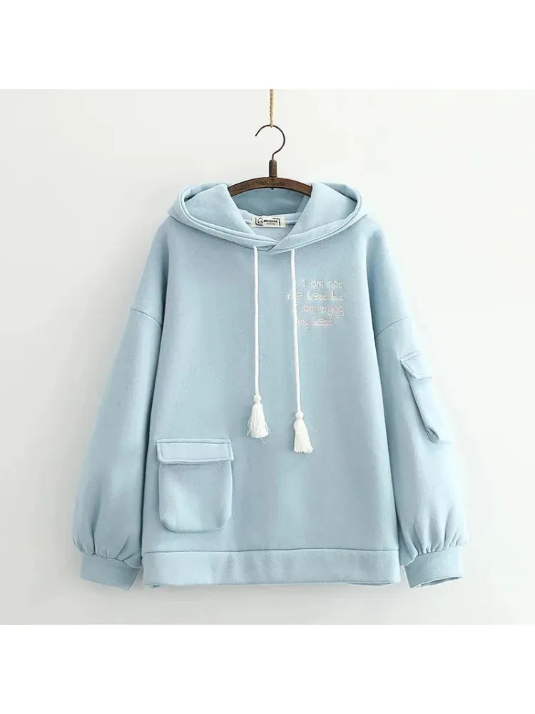 Solid Pink Letter Embroidery Fleece Thic Hoodies And Sweatshirts Winter Long Sleeve Pocket Hooded Pullover Sweet Tracksuits