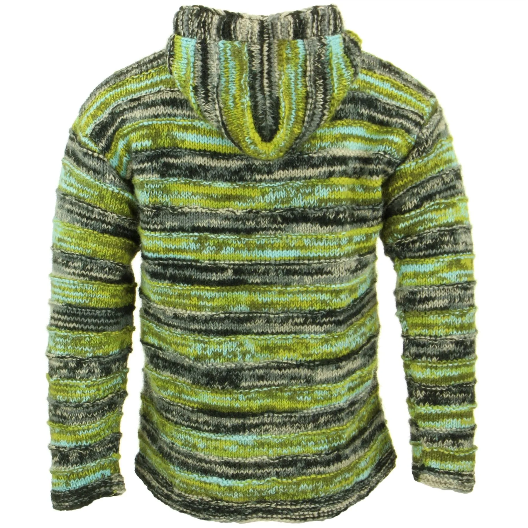 Space Dye Chunky Wool Knit Ribbed Hooded Cardigan Jacket - Green