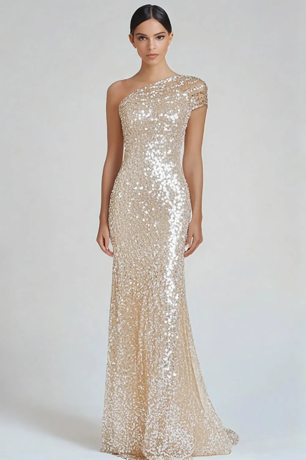 Sparkly Champagne Mermaid One Shoulder Formal Dress with Sequins