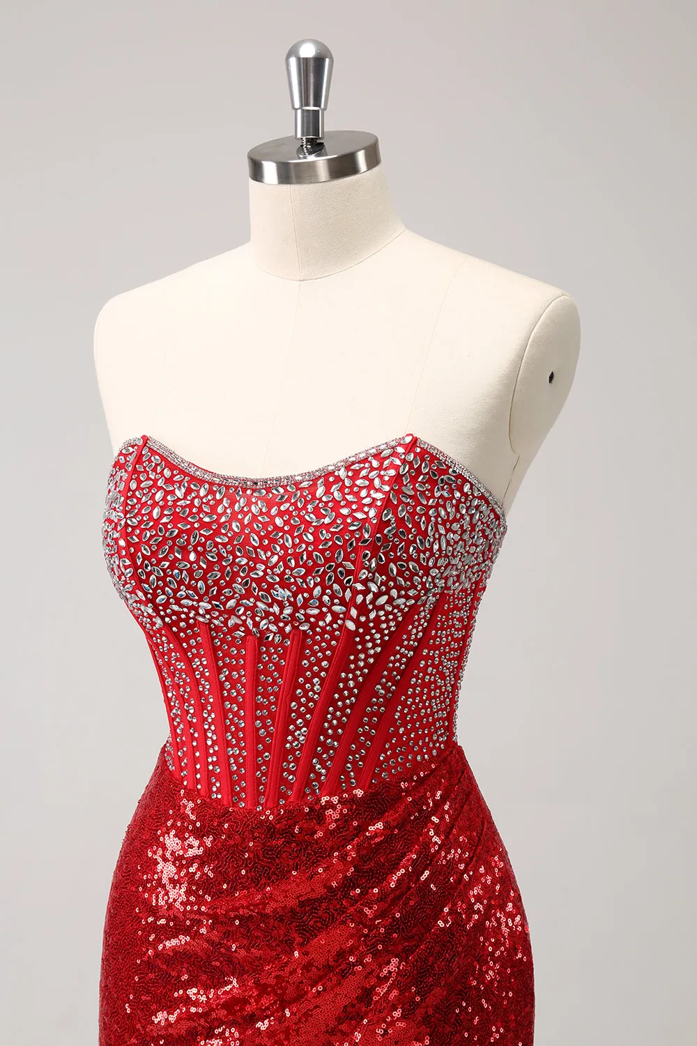 Sparkly Red Strapless Corset Sequined Beaded Tight Mini Dress with Slit