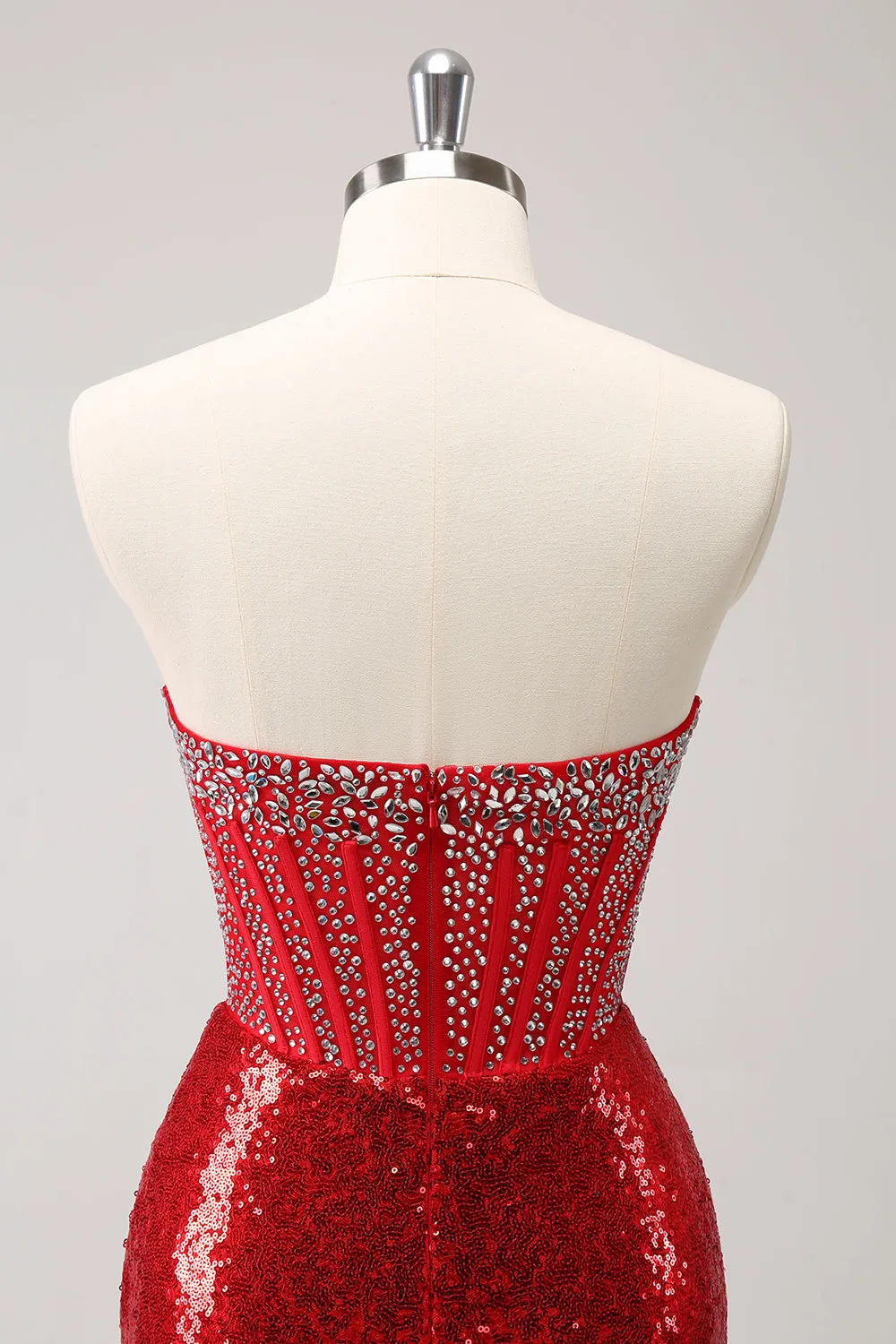 Sparkly Red Strapless Corset Sequined Beaded Tight Mini Dress with Slit